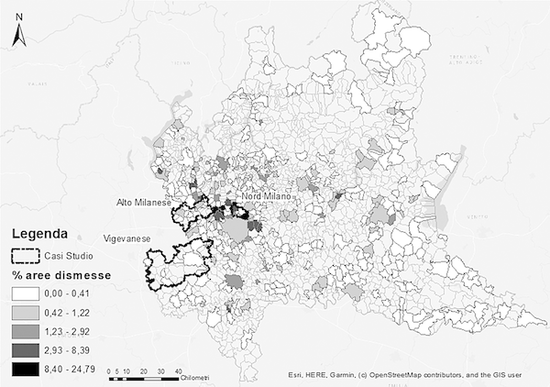 Fig. 6.2. Distribuzione delle aree dismesse nei comuni della Regione Lombardia (% sul totale della superficie comunale).
